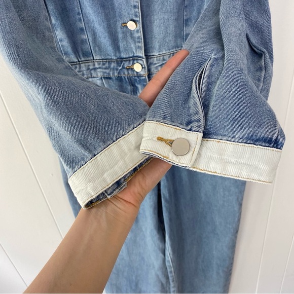 Polagram Denim Jumsuit Light Wash V-neck Collared Corduroy Sz L Straight Leg - Picture 5 of 16